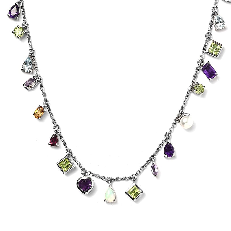 Multi Gemstone Mixed Shape and Gemstones Station Necklace 18-20 Inches in Platinum Over Sterling Silver 11.35 ctw