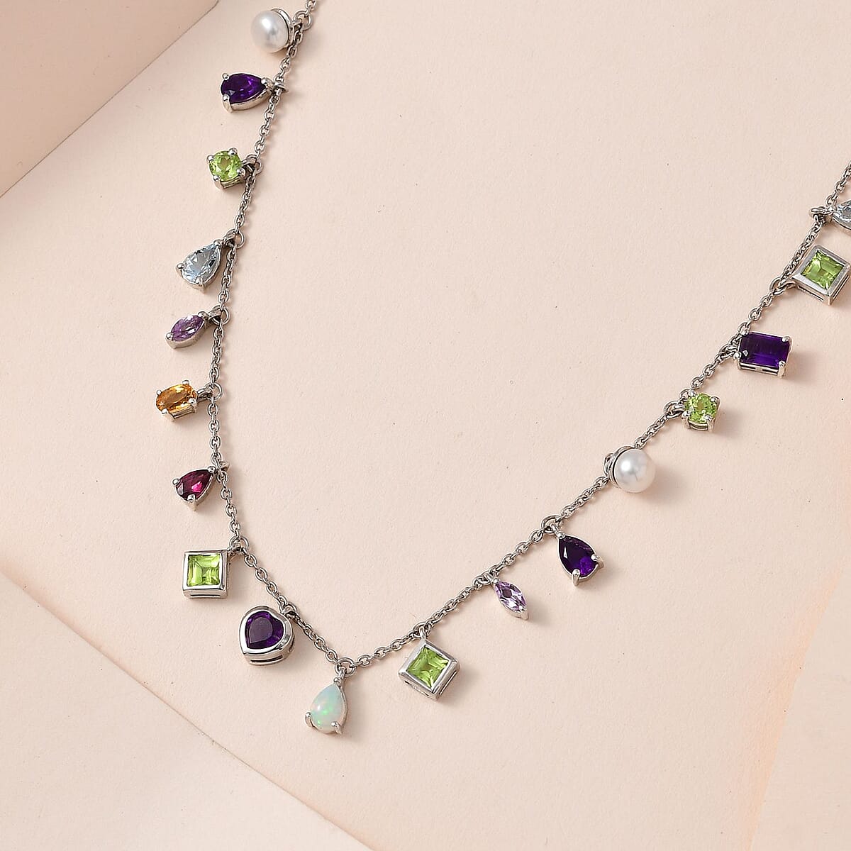 Multi Gemstone Mixed Shape and Gemstones Station Necklace 18-20 Inches in Platinum Over Sterling Silver 11.35 ctw image number 1