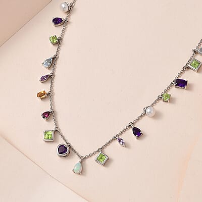 Multi Gemstone Mixed Shape and Gemstones Station Necklace 18-20 Inches in Platinum Over Sterling Silver 11.35 ctw