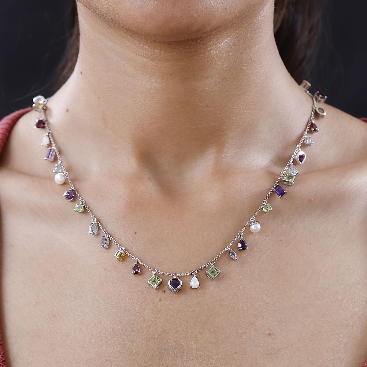 Multi Gemstone Mixed Shape and Gemstones Station Necklace 18-20 Inches in Platinum Over Sterling Silver 11.35 ctw image number 2