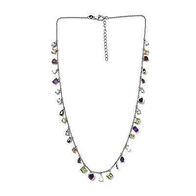 Multi Gemstone Mixed Shape and Gemstones Station Necklace 18-20 Inches in Platinum Over Sterling Silver 11.35 ctw