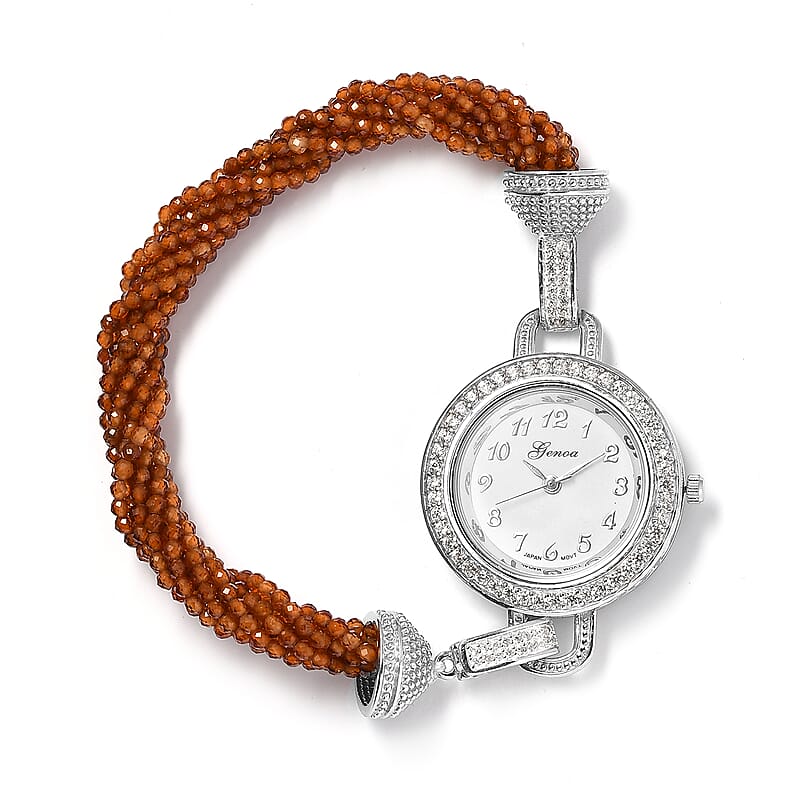 Genoa Miyota Japanese Movement Ratnapura Hessonite Garnet, White Zircon Beaded Multi Strand Bracelet Watch (7.0 in) 73.00 ctw