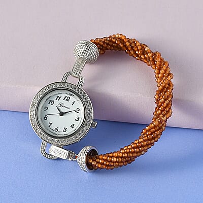 Genoa Miyota Japanese Movement Ratnapura Hessonite Garnet, White Zircon Beaded Multi Strand Bracelet Watch (7.0 in) 73.00 ctw