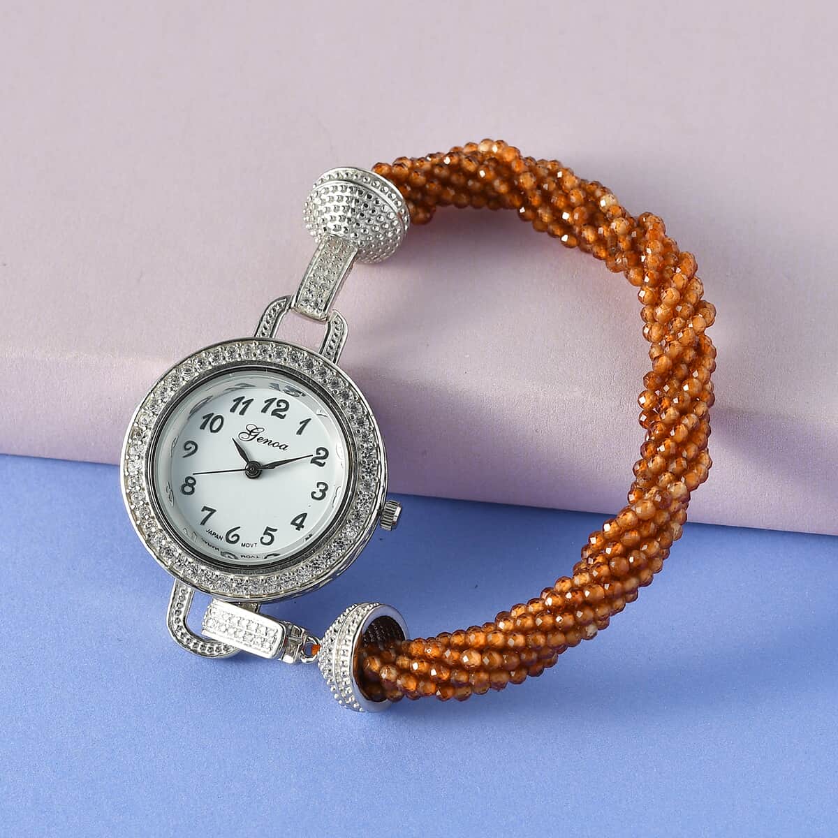 Genoa Miyota Japanese Movement Ratnapura Hessonite Garnet, White Zircon Beaded Multi Strand Bracelet Watch (7.0 in) 73.00 ctw image number 1