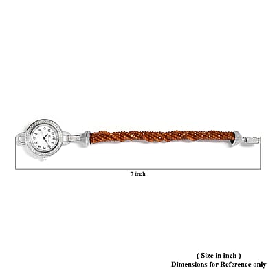 Genoa Miyota Japanese Movement Ratnapura Hessonite Garnet, White Zircon Beaded Multi Strand Bracelet Watch (7.0 in) 73.00 ctw