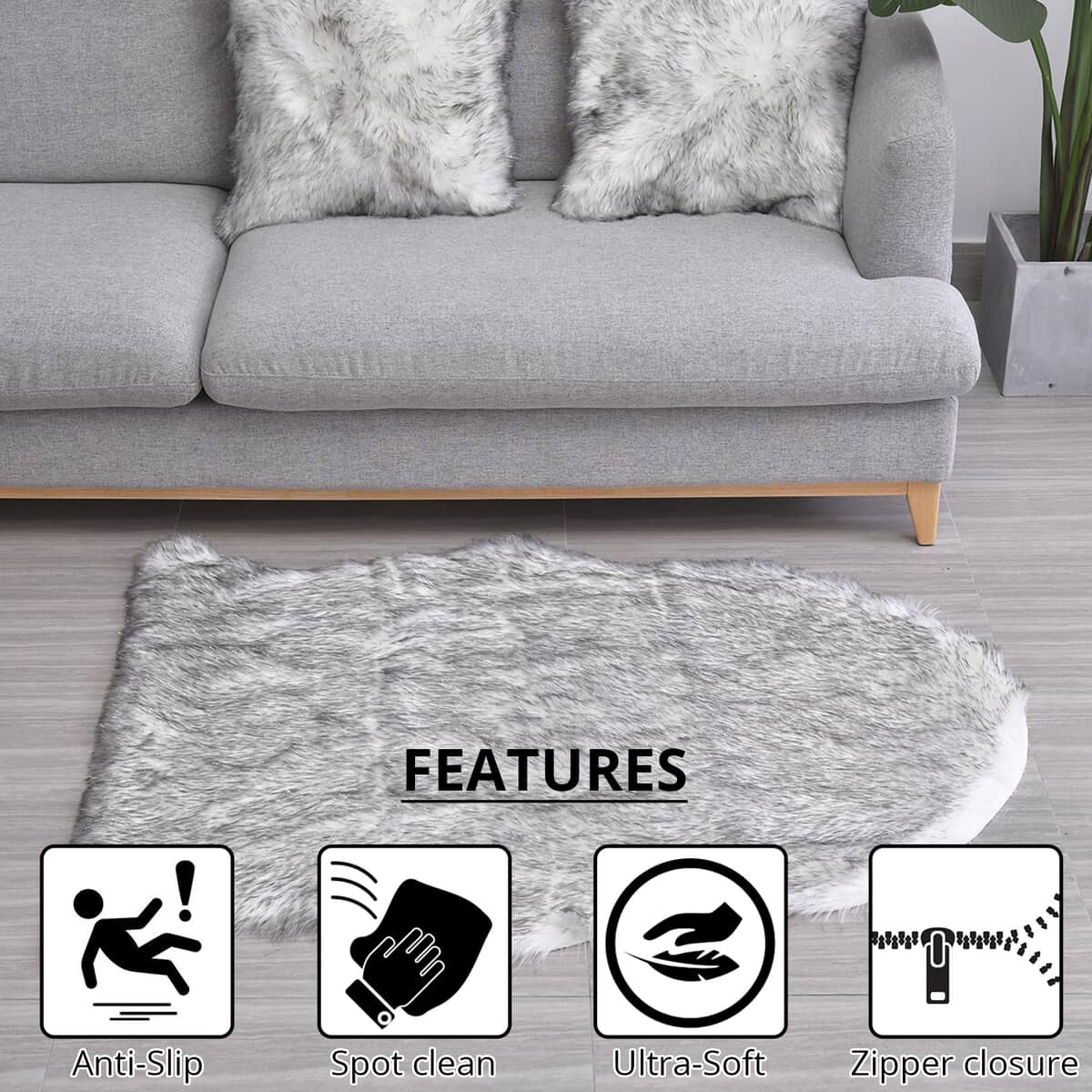 Homesmart Gray Small Skin Shape Stitched Backing Faux Fur Glitter Carpet with Foam Inside and 2pcs Cushion Cover image number 1