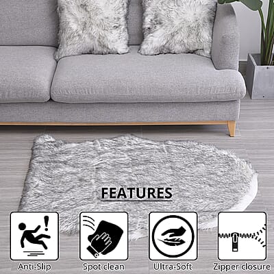 Homesmart Gray Small Skin Shape Stitched Backing Faux Fur Glitter Carpet with Foam Inside and 2pcs Cushion Cover