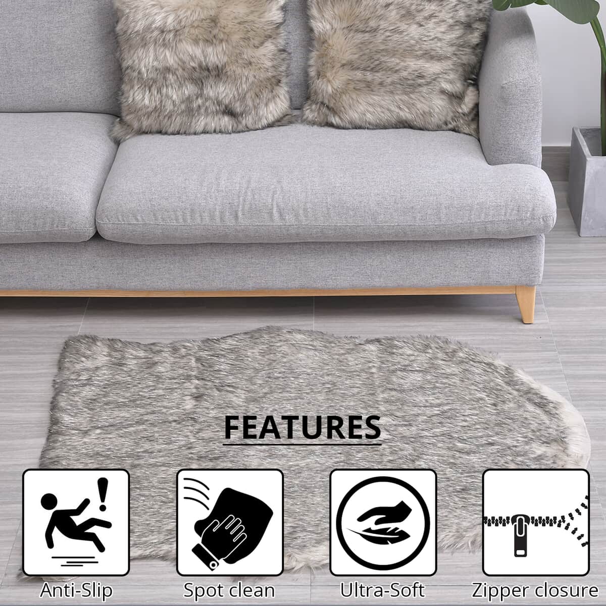 Homesmart Brown Small Skin Shape Stitched Backing Faux Fur Glitter Carpet with Foam Inside and 2pcs Cushion Cover image number 1