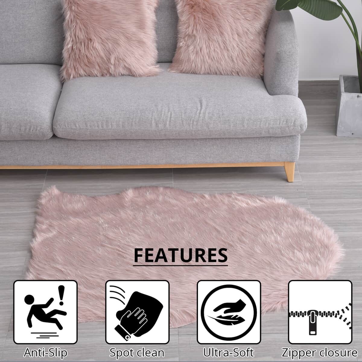 Homesmart Pink Small Skin Shape Stitched Backing Faux Fur Glitter Carpet with Foam Inside and 2pcs Cushion Cover image number 1