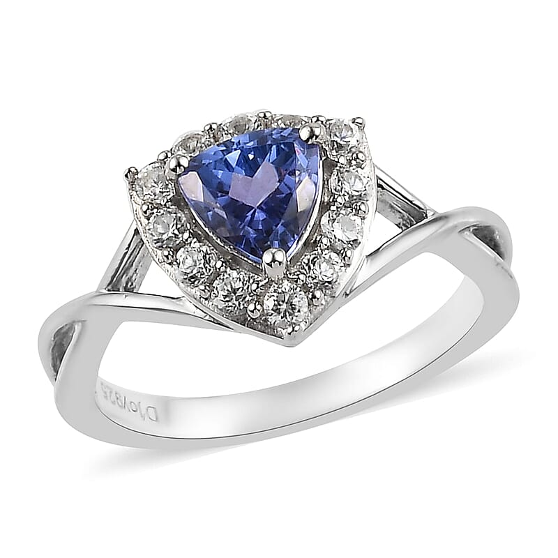 Tanzanite and Natural White Zircon Split Shank Ring in Platinum Over Sterling Silver (Size 10.0) 1.00 ctw