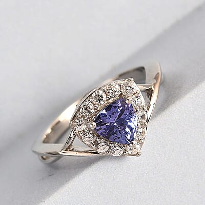 Tanzanite and Natural White Zircon Split Shank Ring in Platinum Over Sterling Silver (Size 10.0) 1.00 ctw