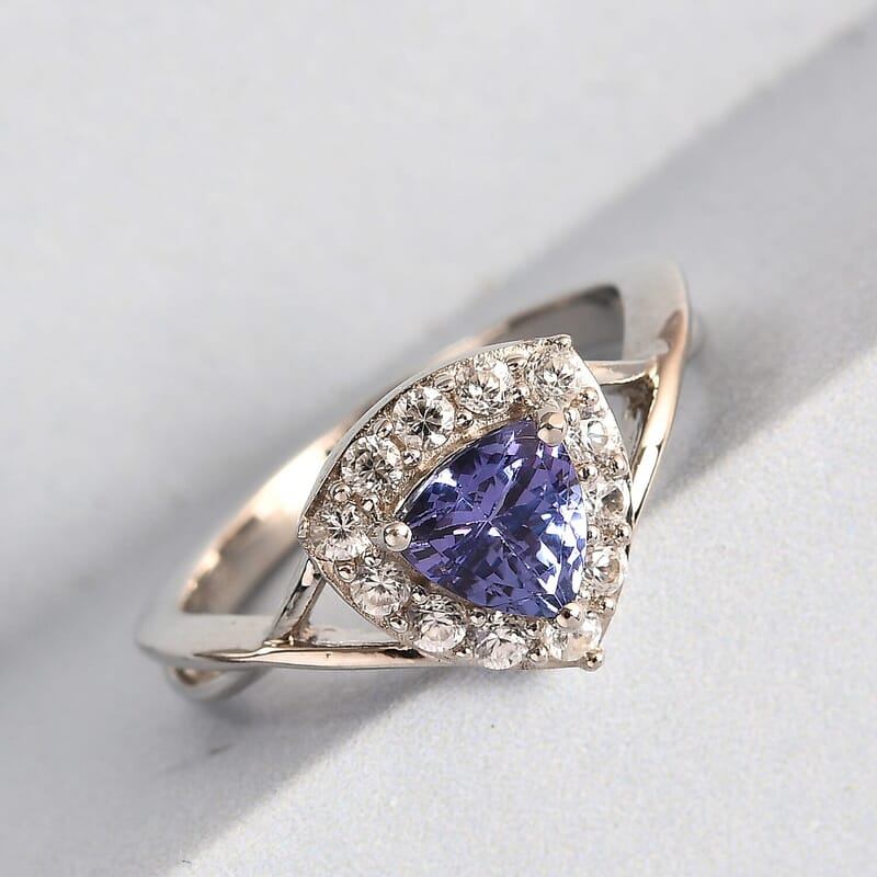 Tanzanite and Natural White Zircon Split Shank Ring in Platinum Over Sterling Silver (Size 10.0) 1.00 ctw