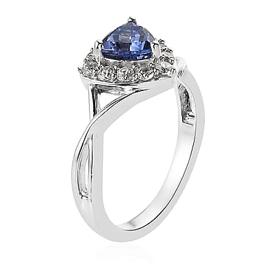 Tanzanite and Natural White Zircon Split Shank Ring in Platinum Over Sterling Silver (Size 10.0) 1.00 ctw