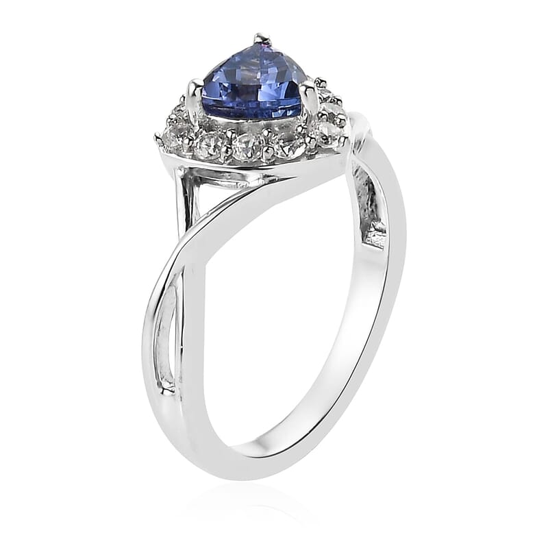 Tanzanite and Natural White Zircon Split Shank Ring in Platinum Over Sterling Silver (Size 10.0) 1.00 ctw