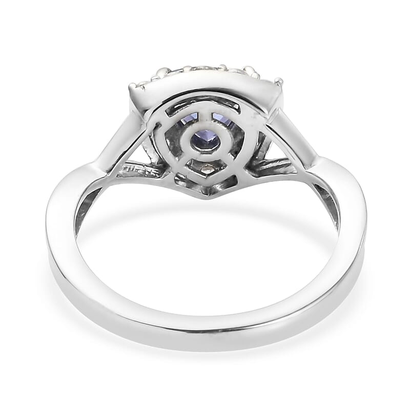 Tanzanite and Natural White Zircon Split Shank Ring in Platinum Over Sterling Silver (Size 10.0) 1.00 ctw