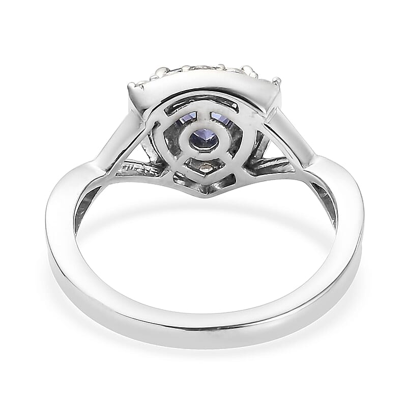 Tanzanite and Natural White Zircon Split Shank Ring in Platinum Over Sterling Silver (Size 5.0) 1.00 ctw