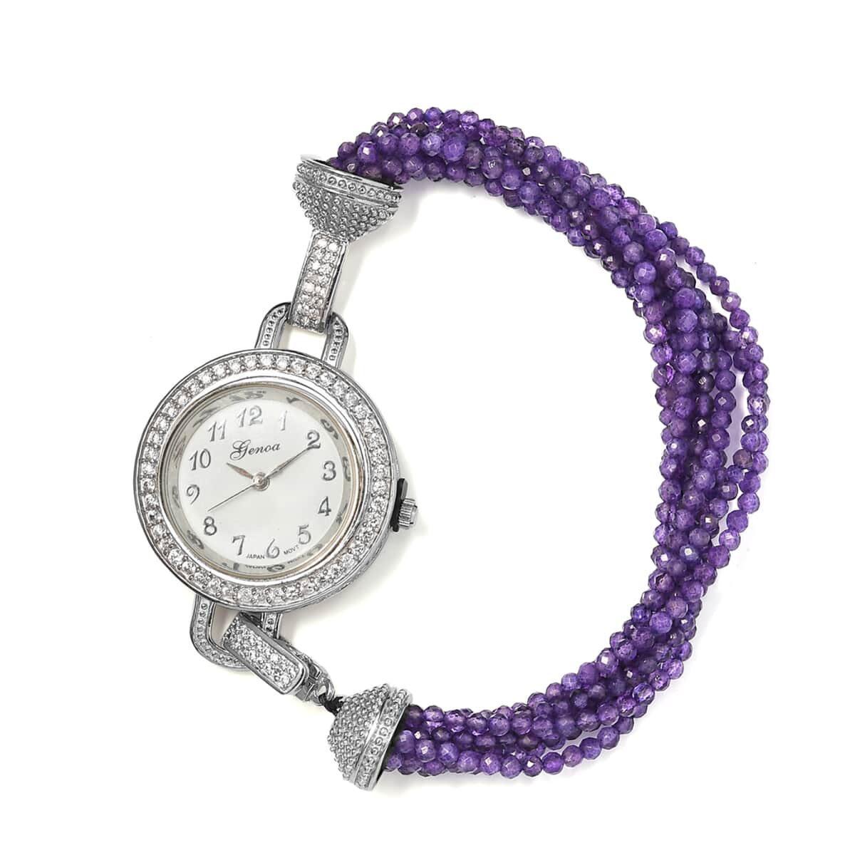 Genoa Miyota Japanese Movement Amethyst, White Zircon Multi Strand Beaded Bracelet Watch (7.0 In) 67.50 ctw image number 0