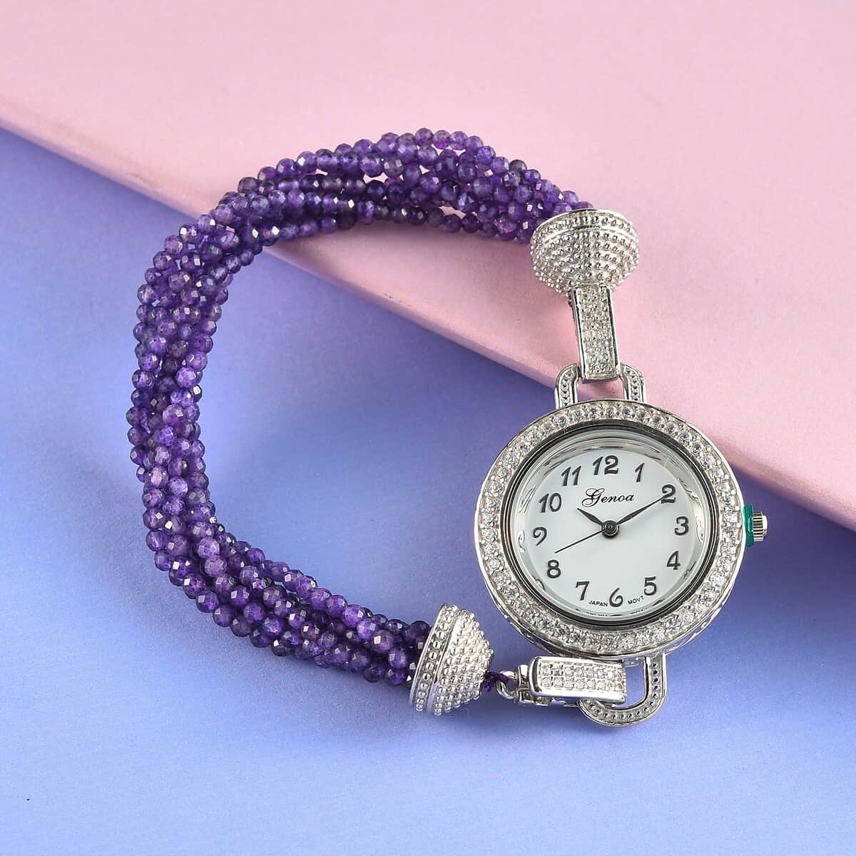 Genoa Miyota Japanese Movement Amethyst, White Zircon Multi Strand Beaded Bracelet Watch (7.0 In) 67.50 ctw image number 1