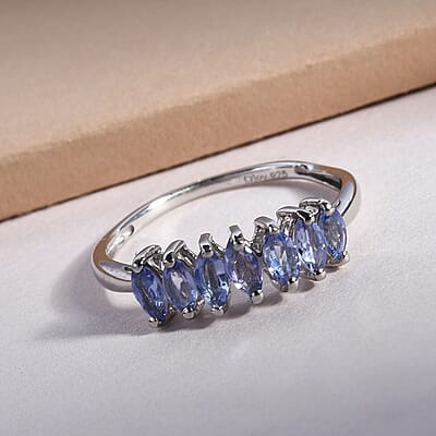 Tanzanite 7 Stone Ring in Platinum Over Sterling Silver (Size 10.0) 0.60 ctw