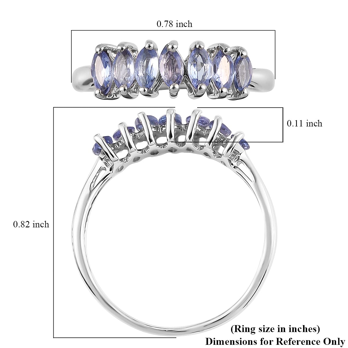 Tanzanite 7 Stone Ring in Platinum Over Sterling Silver (Size 10.0) 0.60 ctw