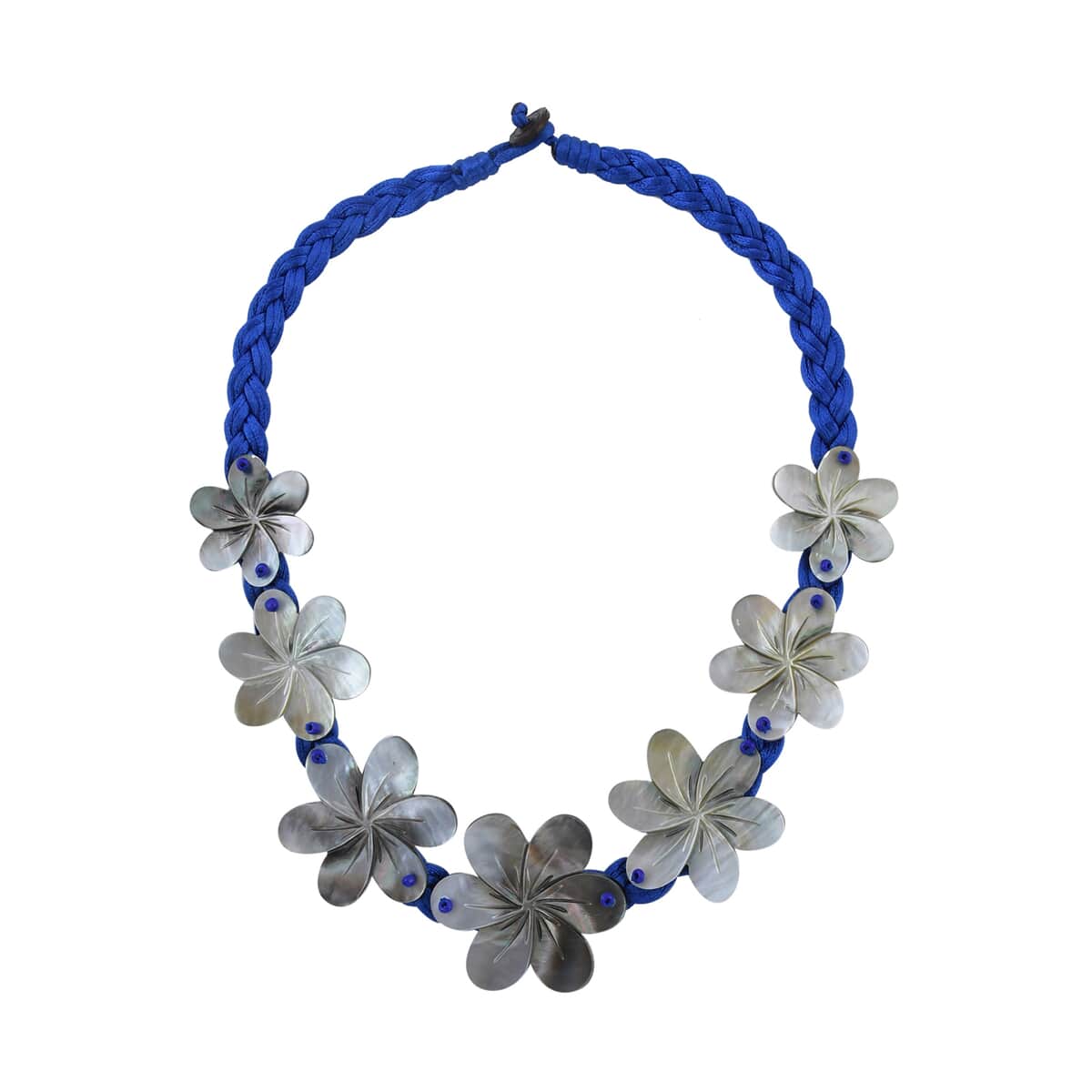 Mother of Pearl Carved Flower and Blue Twisted Nylon Necklace 22 Inches image number 0