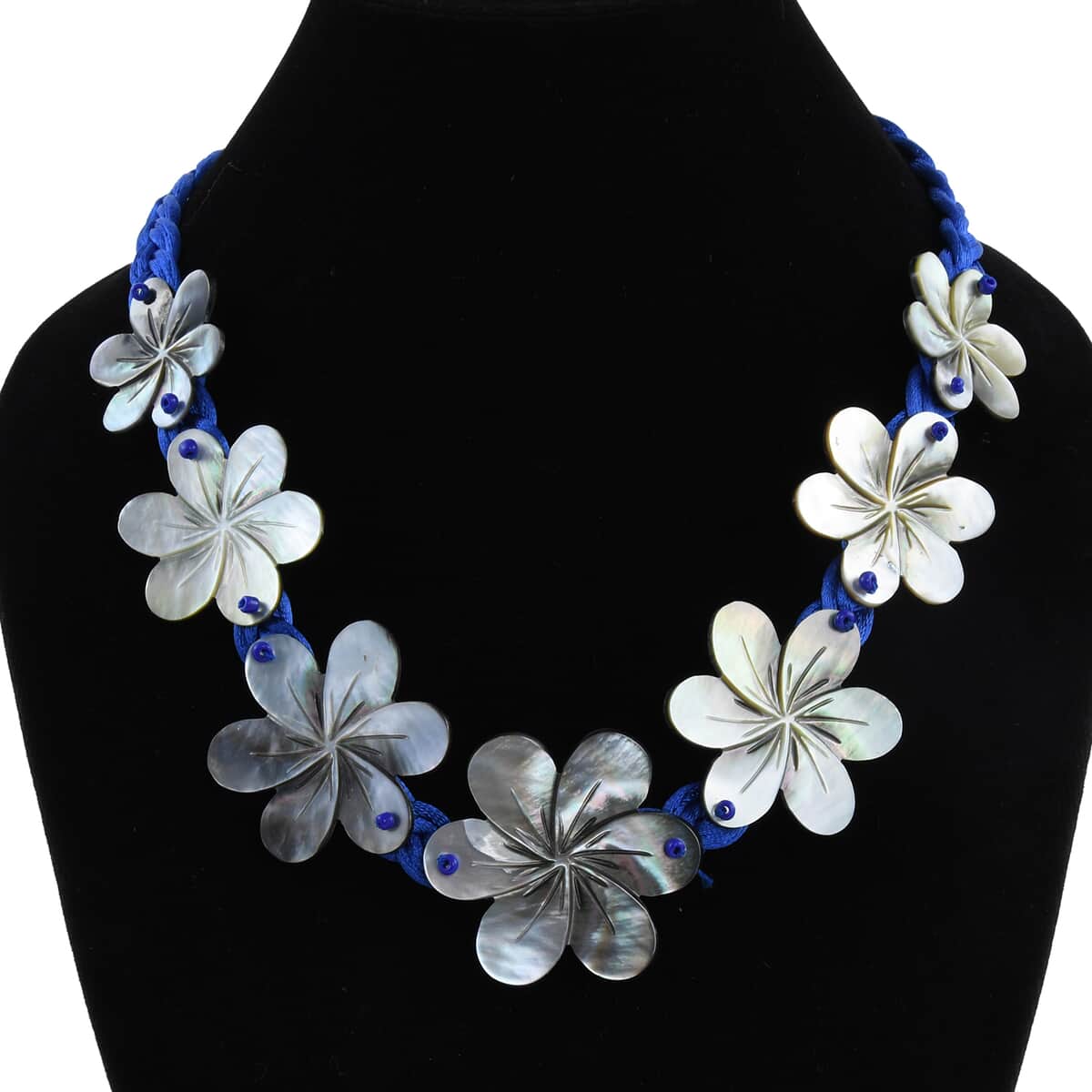 Mother of Pearl Carved Flower and Blue Twisted Nylon Necklace 22 Inches image number 2