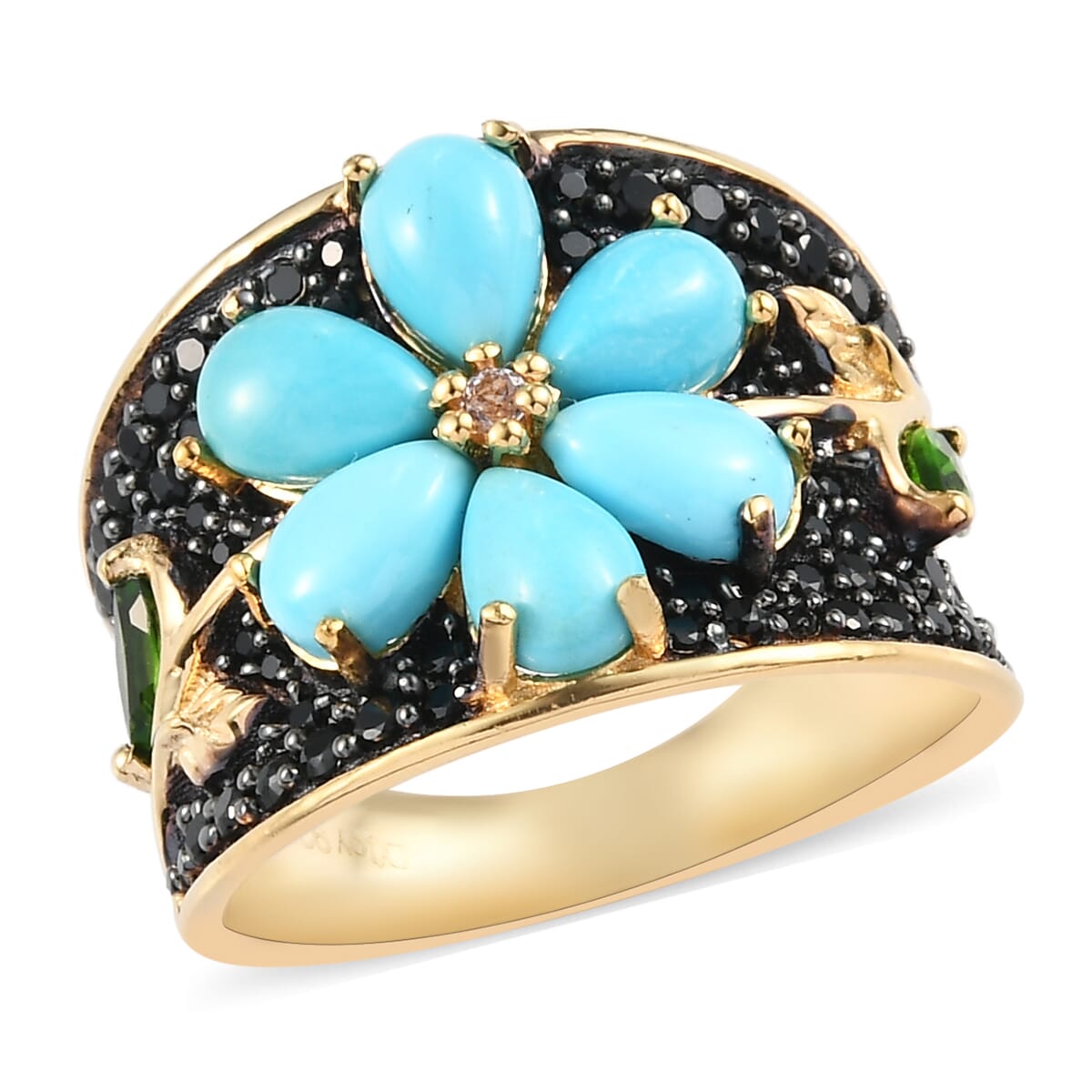AMERICAN Natural Sleeping Beauty Turquoise and Multi Gemstone Floral Ring in Vermeil YG Over Sterling Silver (Size 7.0) 3.50 ctw image number 0