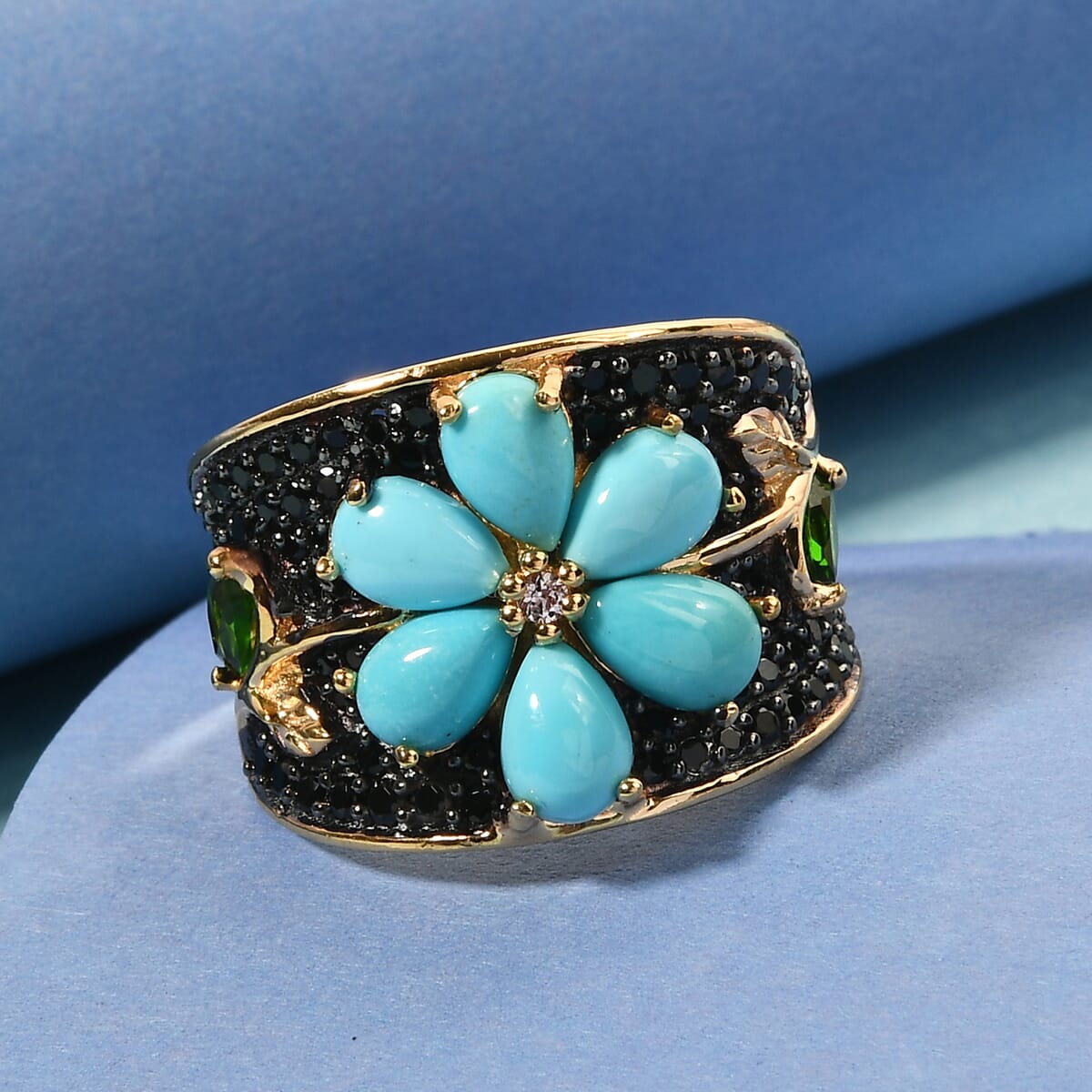 AMERICAN Natural Sleeping Beauty Turquoise and Multi Gemstone Floral Ring in Vermeil YG Over Sterling Silver (Size 7.0) 3.50 ctw image number 1