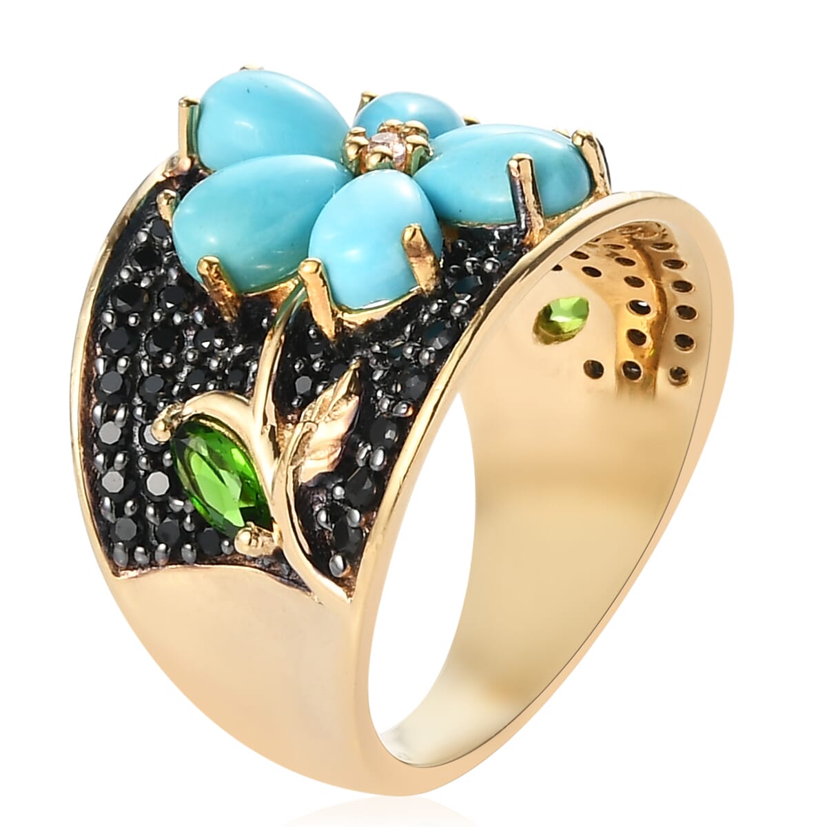 AMERICAN Natural Sleeping Beauty Turquoise and Multi Gemstone Floral Ring in Vermeil YG Over Sterling Silver (Size 7.0) 3.50 ctw image number 3