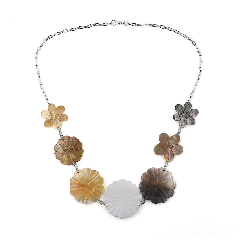Multi Color Mother of Pearl Carved Flower Necklace 22 Inches in Stainless Steel