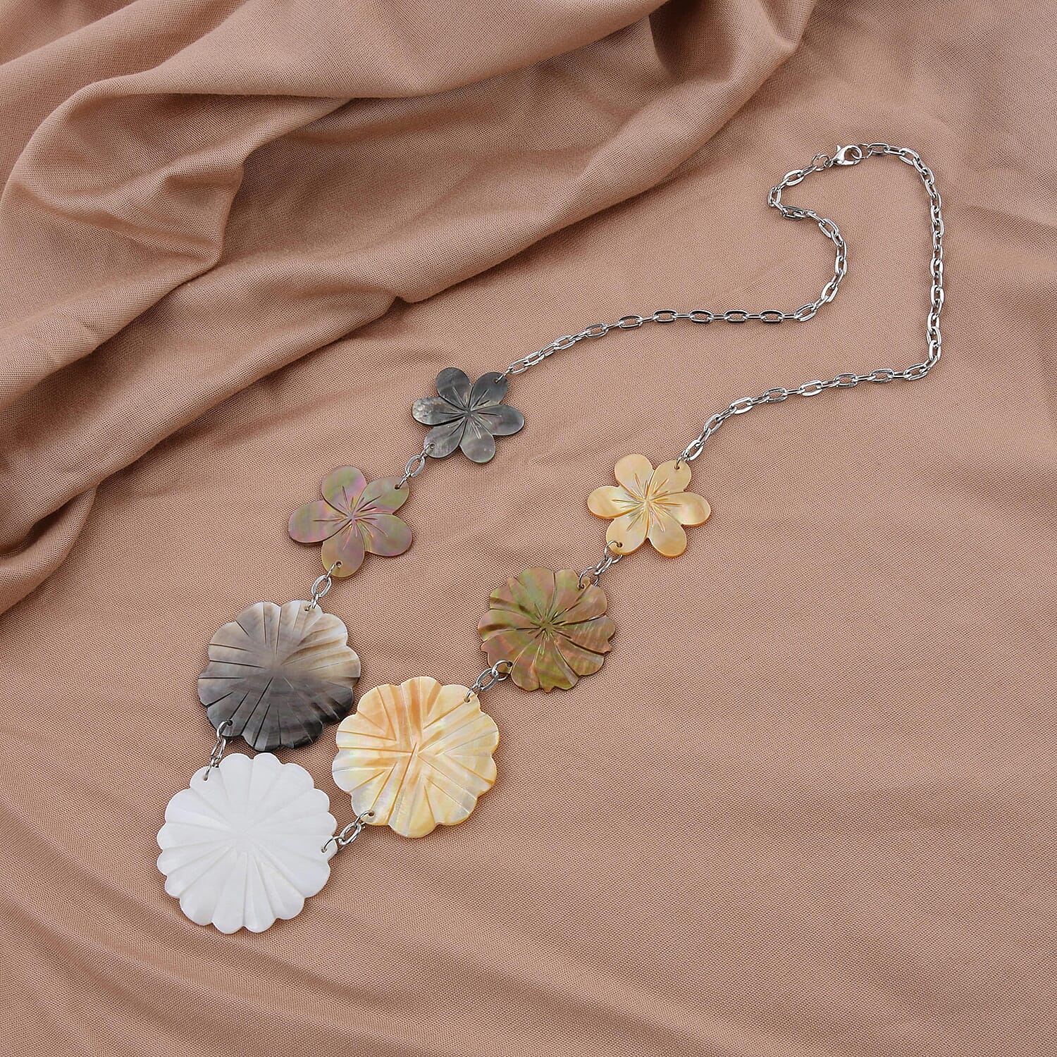Multi Color Mother of Pearl Carved Flower Necklace 22 Inches in Stainless Steel