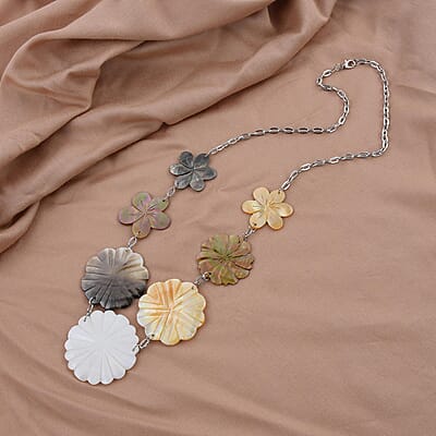 Multi Color Mother of Pearl Carved Flower Necklace 22 Inches in Stainless Steel