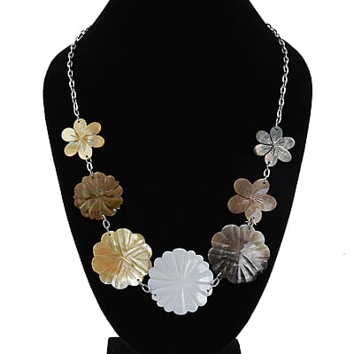 Multi Color Mother of Pearl Carved Flower Necklace 22 Inches in Stainless Steel