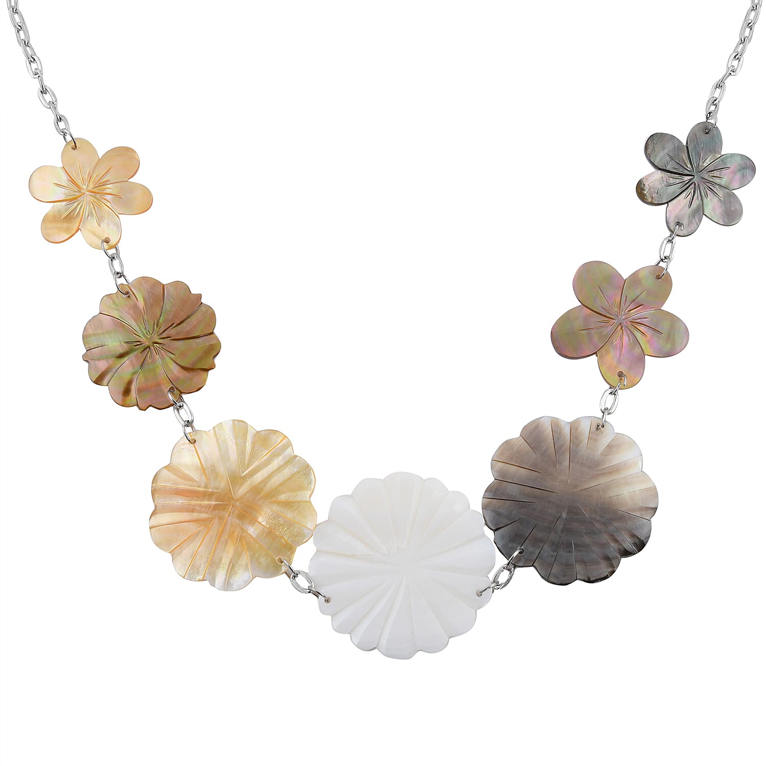 Multi Color Mother of Pearl Carved Flower Necklace 22 Inches in Stainless Steel