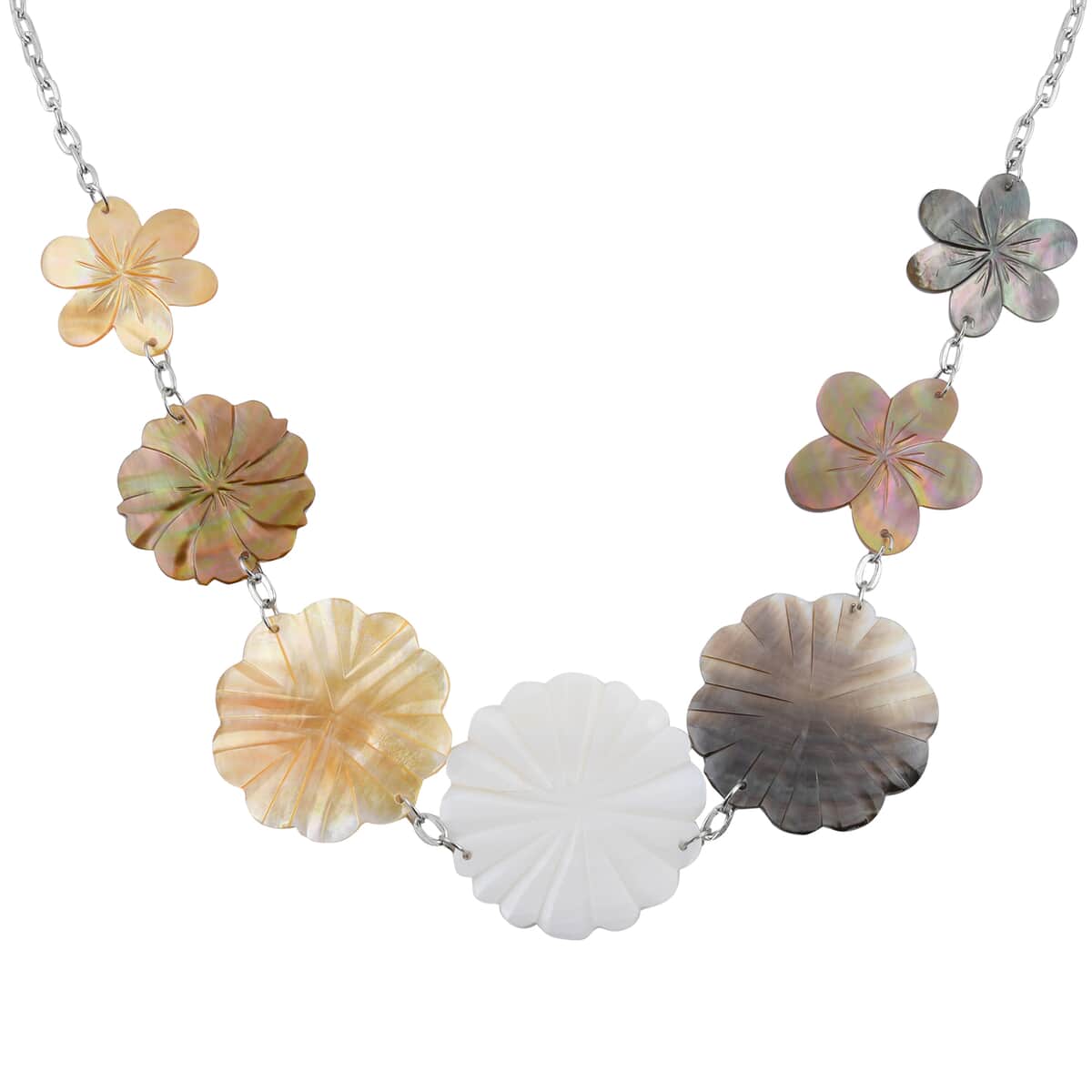 Multi Color Mother of Pearl Carved Flower Necklace 22 Inches in Stainless Steel image number 3