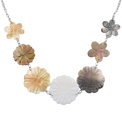 Multi Color Mother of Pearl Carved Flower Necklace 22 Inches in Stainless Steel