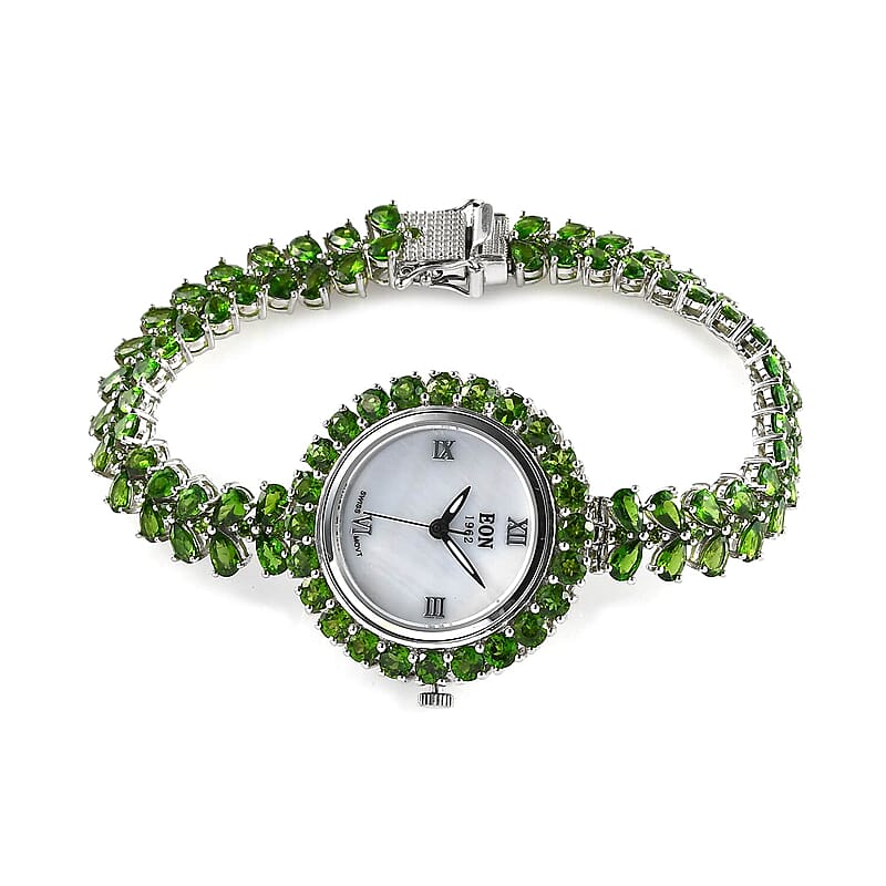Eon 1962 Chrome Diopside Swiss Movement Bracelet Watch in Platinum Over Sterling Silver (7.25 in) 21.65 ctw