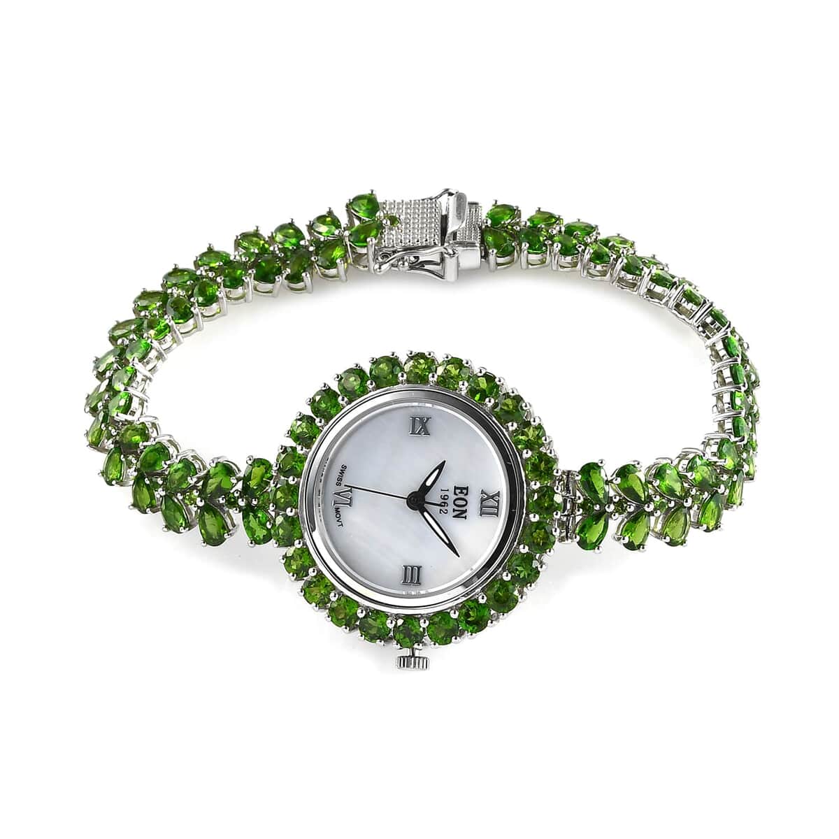 EON 1962 Natural Russian Diopside Swiss Movement Bracelet Watch in Platinum Over Sterling Silver (7.25 in) 20.50 Grams 21.65 ctw image number 0