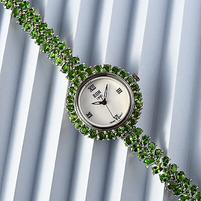 Eon 1962 Chrome Diopside Swiss Movement Bracelet Watch in Platinum Over Sterling Silver (7.25 in) 21.65 ctw