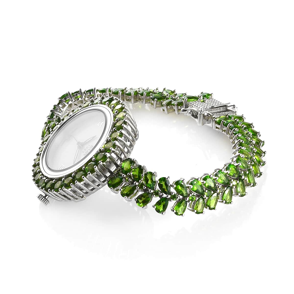 EON 1962 Natural Russian Diopside Swiss Movement Bracelet Watch in Platinum Over Sterling Silver (7.25 in) 20.50 Grams 21.65 ctw image number 3