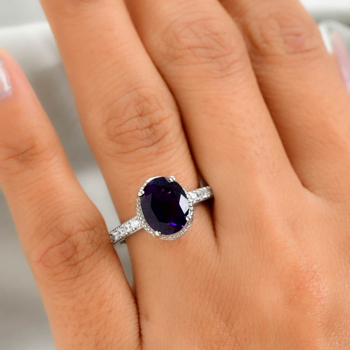 Moroccan Amethyst and White Zircon Ring in Platinum Over Sterling Silver (Size 7.0) 2.60 ctw image number 2