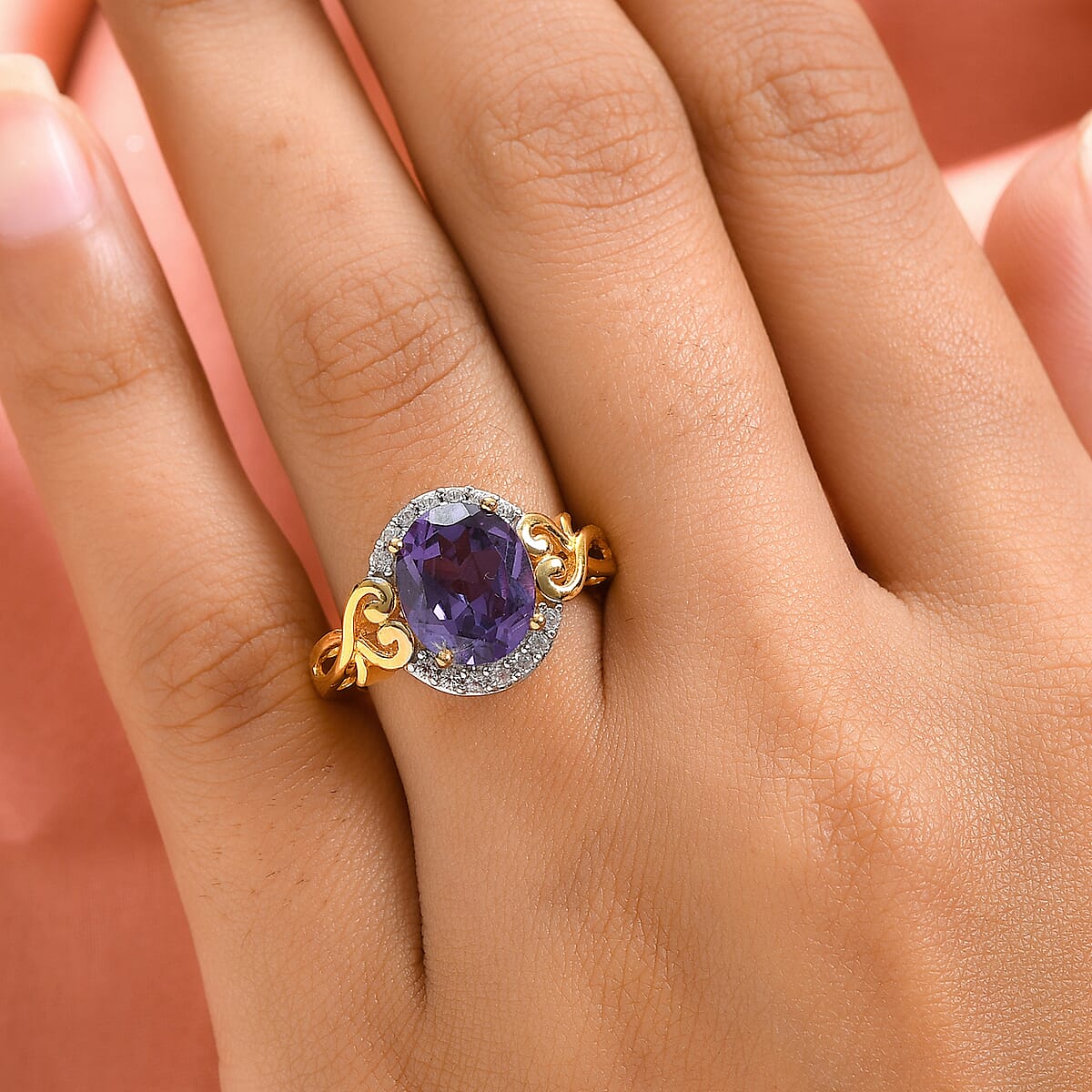 Lab Created Alexandrite and Natural White Zircon Heart Frame Statement Cocktail Ring in Vermeil YG Sterling Silver (Size 8.0) 5.00 ctw image number 2