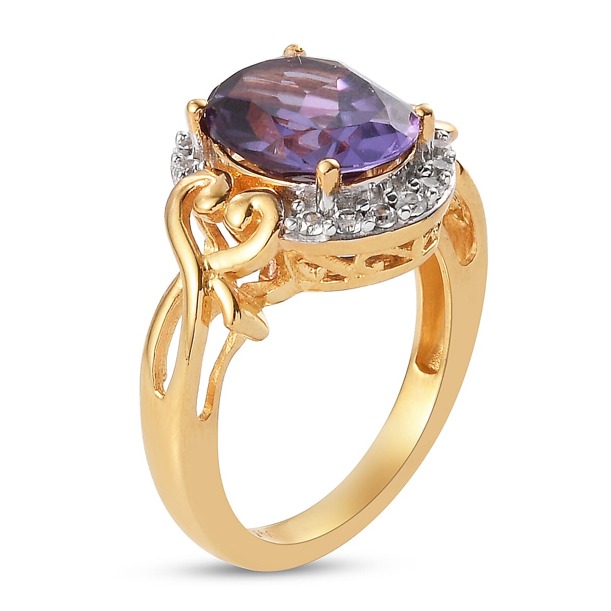 Lab Created Alexandrite and Natural White Zircon Heart Frame Statement Cocktail Ring in Vermeil YG Sterling Silver (Size 8.0) 5.00 ctw image number 3