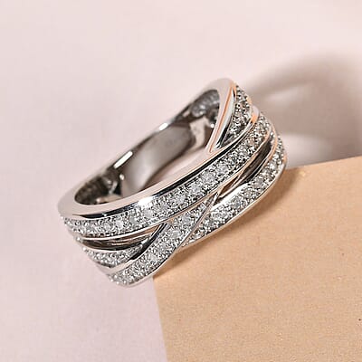 Diamond Criss Cross Band Ring in Platinum Over Sterling Silver (Size 10.0) 0.50 ctw