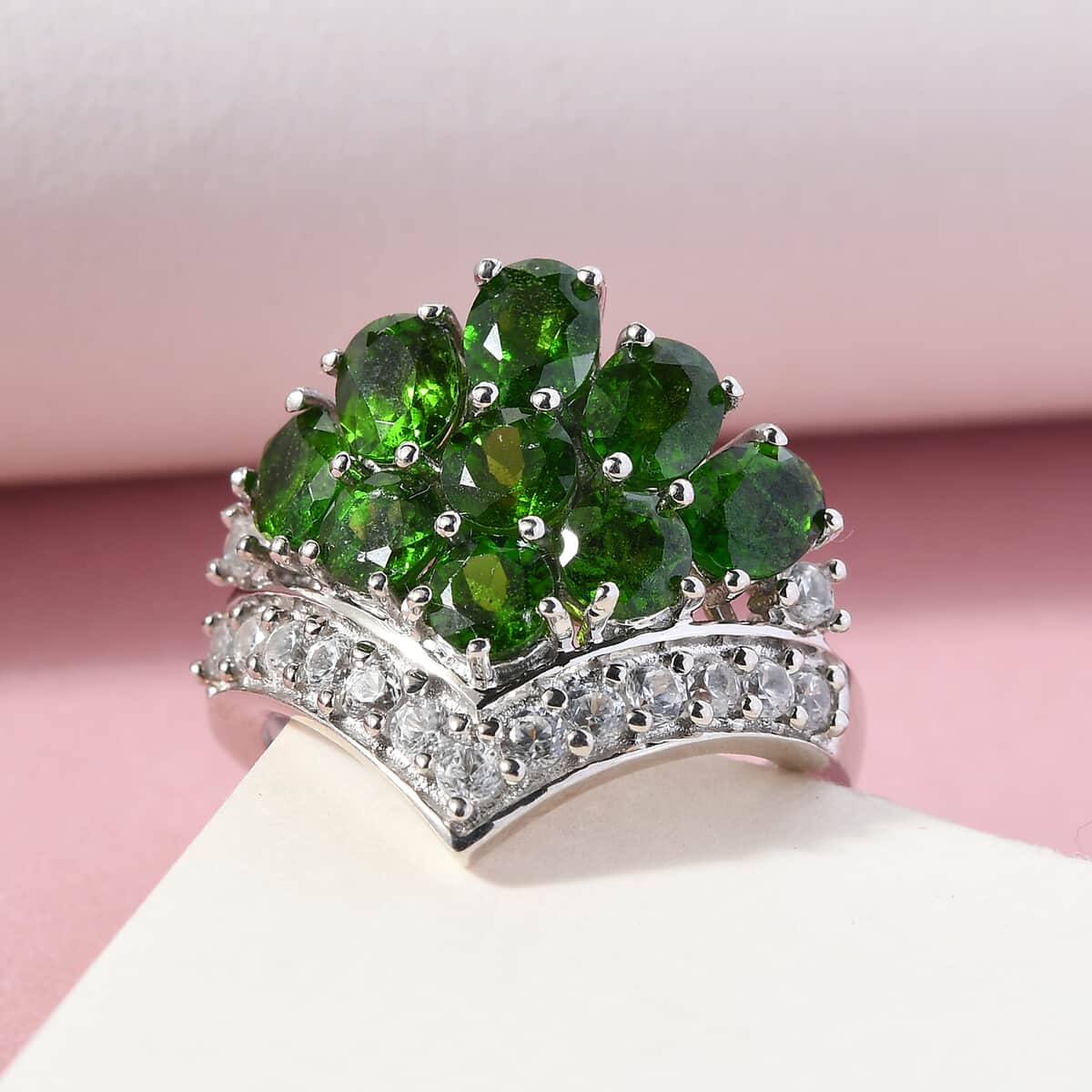 Natural Chrome Diopside and Natural White Zircon Ring in Platinum Over Sterling Silver (Size 6.0) 3.90 ctw image number 1