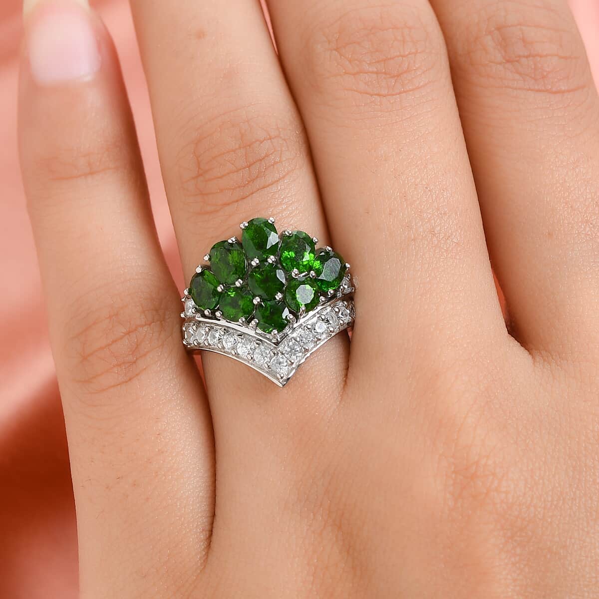 Natural Russian Diopside, Natural White Zircon Ring in Platinum Over Sterling Silver (Size 9.0) 3.90 ctw image number 2