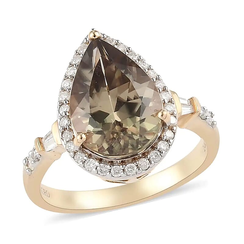 Luxoro 14K Yellow Gold Premium Turkizite and G-H I2 Diamond Halo Ring (Size 7.0) 4.50 ctw