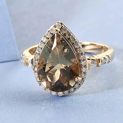 Luxoro 14K Yellow Gold Premium Turkizite and G-H I2 Diamond Halo Ring (Size 7.0) 4.50 ctw