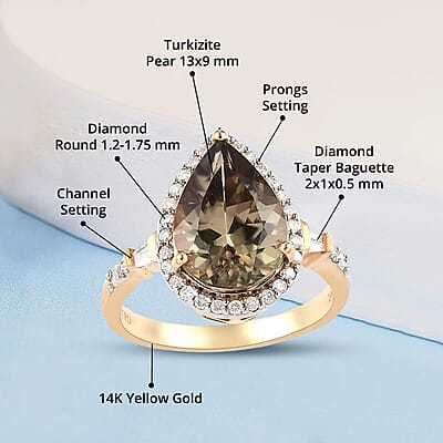 Luxoro 14K Yellow Gold Premium Turkizite and G-H I2 Diamond Halo Ring (Size 7.0) 4.50 ctw