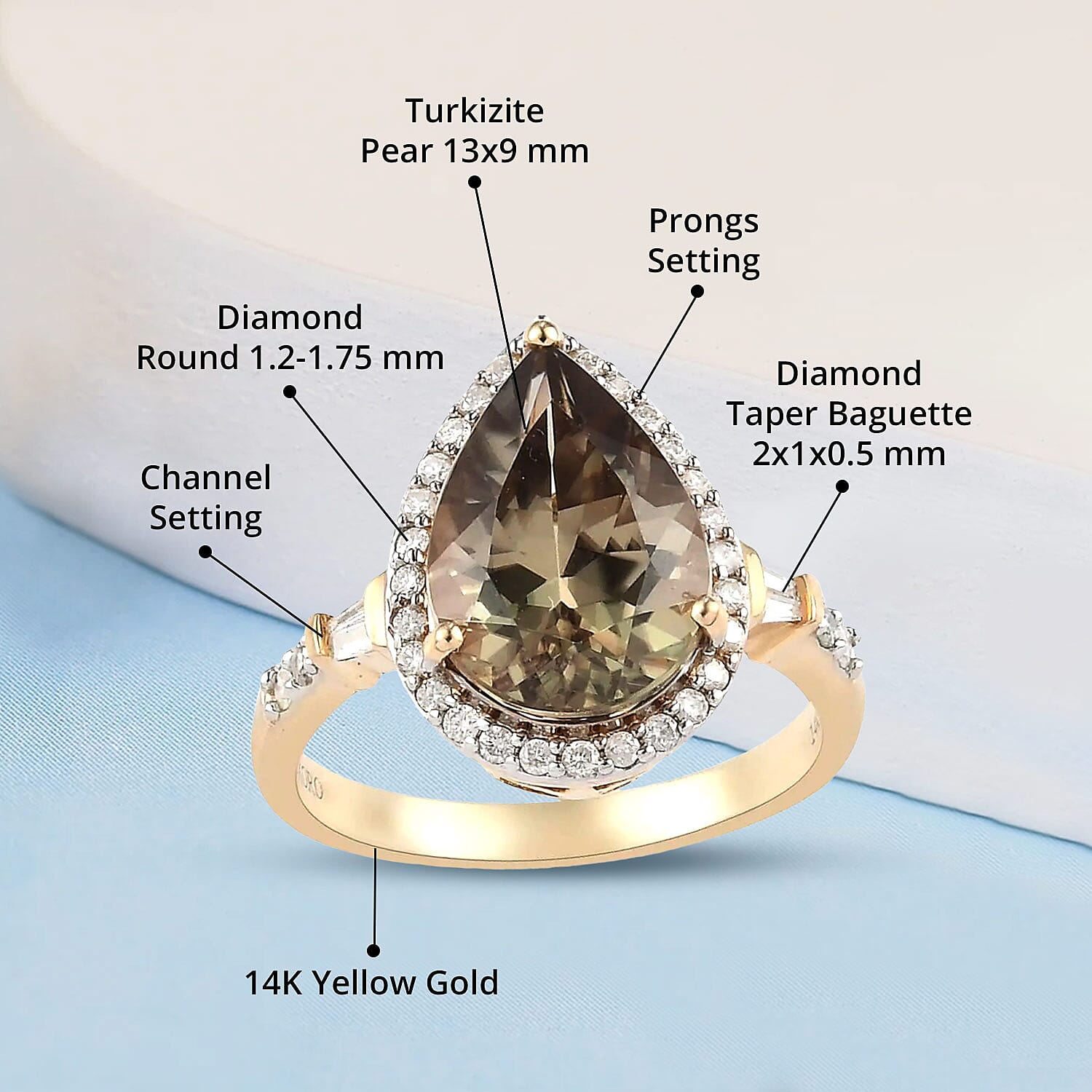 Luxoro 14K Yellow Gold Premium Turkizite and G-H I2 Diamond Halo Ring (Size 8.0) 4.50 ctw